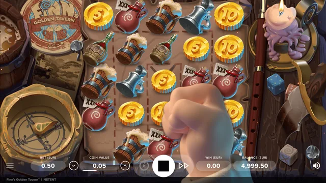 Finn's Golden Tavern game screen with the bet and coin value panel under the reels