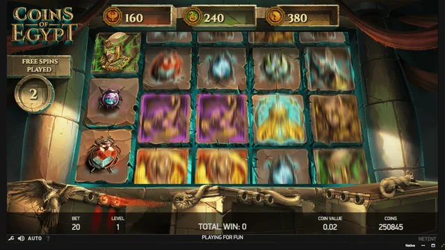 Coins of Egypt free spins screen with the free spins played counter