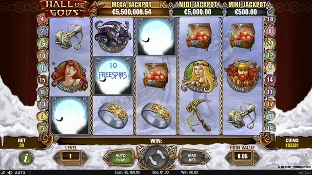 Hall of Gods game screen with the Mini, Midi and Mega progressive jackpot meters above the reels