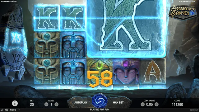 Asgardian Stones game screen with the bet, level and coin value bar under the reels