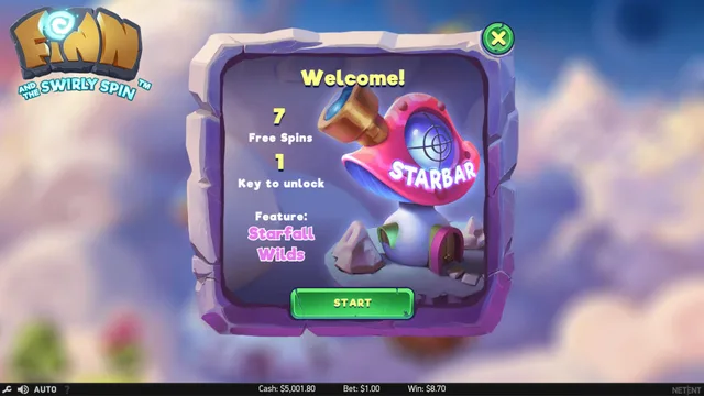 Finn and the Swirly Spin free spins welcome screen with the bet and balance readouts