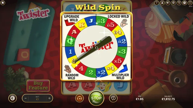 Twister Wild Spin wheel showing upgrade, locked, random and multiplier wilds