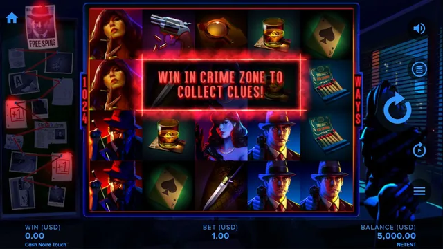 Cash Noire game screen with the ways-to-win reels and win, bet and balance readouts